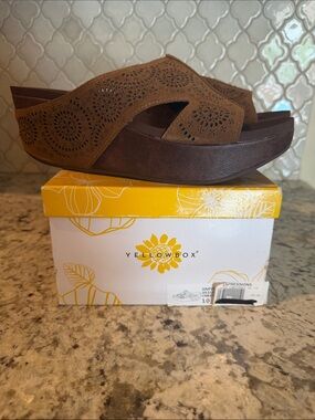 Yellow Box Brown Suede Laser-Cut Wedge Slides